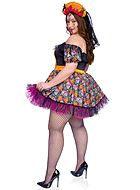 Day of the Dead (woman), costume dress, lace trim, sugar skull (Calavera), cold shoulder, puff sleeves, plus size